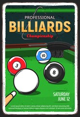 Wall Mural - Billiard table, pool or snooker game, vector ball and cue tournament, vector retro poster. Billiards game triangle rack, 8 eight ball on green table, snooker pool competition and championship poolroom
