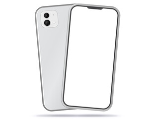 Poster - silver colored mobile phone front and back view. white screen smartphone vector illustration.