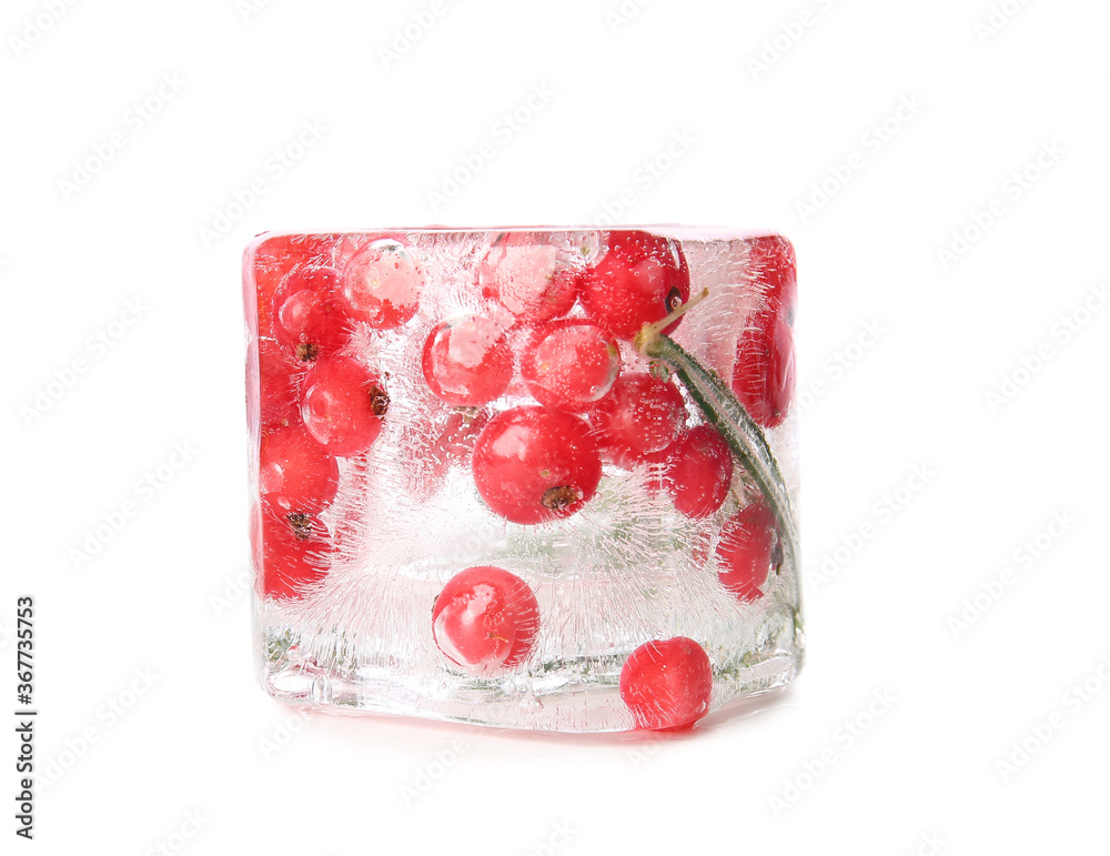 Ice with frozen berries on white background