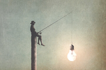 illustration of man fishing new ideas, creativity surreal concept