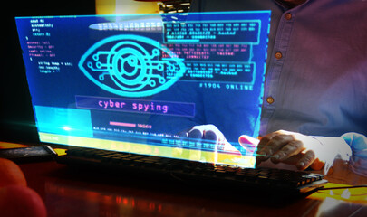 Wall Mural - Cyber spying hacking and supervise eye symbol on screen illustration