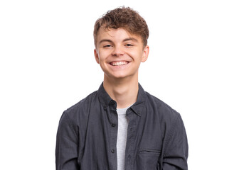 Wall Mural - Portrait of smiling teen boy in black shirt. Photo of adorable young happy boy looking at camera, isolated on white background.