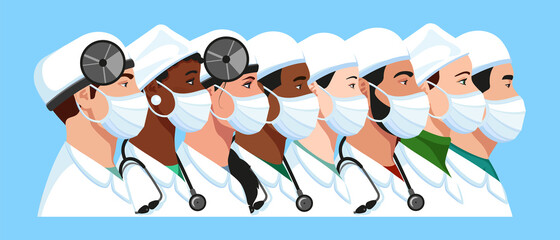 International doctors team avatars with medical face masks set: men and women physicians profile icons. European, African American, Asian, Arabic therapists, ENTs portrait collection.