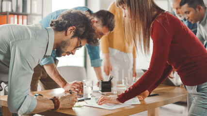 Poster - Startup Meeting Room Team of Entrepreneurs Gather Around Conference Table Have Discussions, Solve Problems, Use Digital Tablet, Laptop, Share Documents with Statistics, Charts.