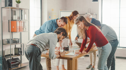 Aufkleber - Startup Meeting Room: Team of Entrepreneurs Gather Around Conference Table Have Discussions, Solve Problems, Use Digital Tablet Laptop, Share Documents with Statistics, Charts.