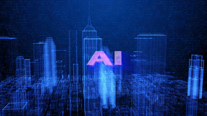 Fototapete - HUD Futuristic Big Data Digital City Town Element Analysis Illustration. 3D Rendering Blue Wireframe Structure Building Screen Interface Sci fi.