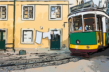 Famous Yellow Tramway Number 28 In A Street Of  Alfama District In Lisbon , Portugal