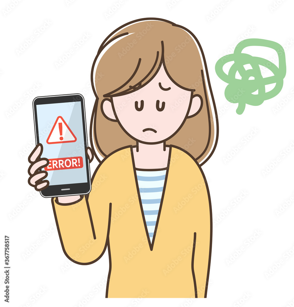 スマホ決済で困る若い女性のイラスト Fototapety スマホ決済で困る若い女性のイラスト Fototapety