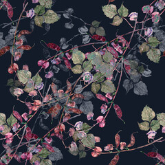 Watercolor flowers haricot with leaves on dark background. Floral seamless pattern for fabric.