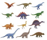 Fototapeta Dinusie - Big set of cartoon dinosaurs. Pterodactylus, ankylosaurus, stegosaurus, pachycephalosaurus, spinosaurus, tyrannosaurus, tarbosaurus, triceratops, gallimimus, amphicoelias, diplodocus, plateosaurus