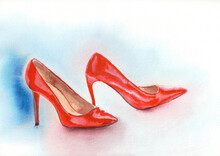 Watercolor Image Of Red Patent Leather Shoes. Bright Fashion Illustration Of Women's Shoes With A Thin Stiletto Heel.