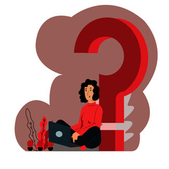 Question mark. Business women people asking questions with laptop around a huge question mark wih red backgro. Vector illustration.for web banner, infographics, mobile website. Landing page template. 