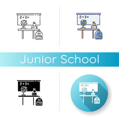 Sticker - Junior school icon. Linear black and RGB color styles. Primary education establishment, studying basic sciences. Classroom equipment. Blackboard, desk and globe Isolated vector illustrations