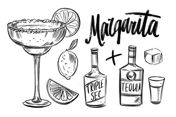 Cocktail margarita ingredients. Black outline on transparent background