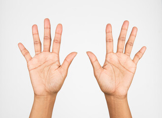 hand and finger of business man, show number ten, five, fifth sign, isolated on white background
