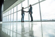 © F8  \ Suport Ukraine - Full length side view of businessmen shaking hands in office building windows background