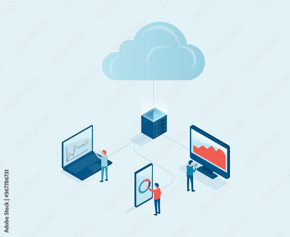 business technology cloud computing server service concept with developer team working concept. isometric design. Big data processing, cloud database and data transferring  - obrazy, fototapety, plakaty 
