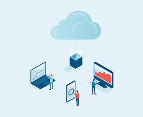 Wall Mural - business technology cloud computing server service concept with developer team working concept. isometric design. Big data processing, cloud database and data transferring 