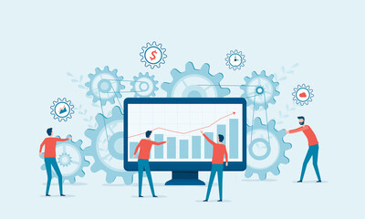 Poster - Flat vector illustration design concept Business process and business team working together building for start up business. With gears and performance monitoring graph.

