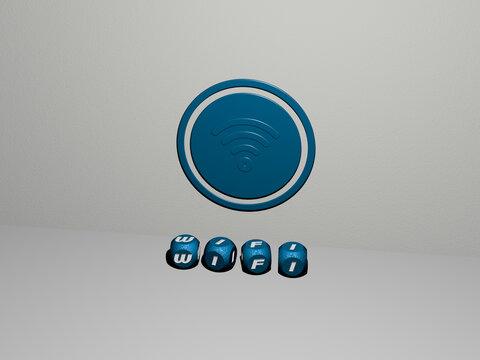 3D illustration of wifi graphics and text made by metallic dice letters for the related meanings of the concept and presentations. icon and internet