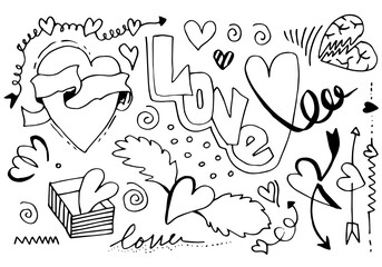 sketchy love and hearts doodles isolated on white background.vector illustration.