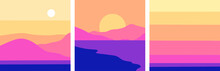 Minimalist Landscape Design,
Flat Scenery Postcard, Scandinavian Design, Poster Set 
Mountains Lake Sunset