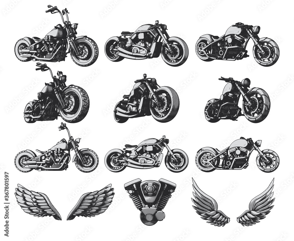 Isolated set of custom motorcycles, wings and engine. Illustrations for apparel designs, logotypes and labels. - obrazy, fototapety, plakaty 