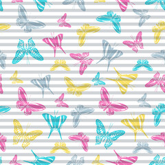 Flying butterfly silhouettes over striped background vector seamless pattern.