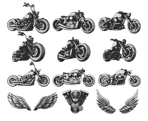 Isolated set of custom motorcycles, wings and engine. Illustrations for apparel designs, logotypes and labels.