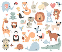 Wild Animals And Pets. Perfect Set For Scrapbooking, Baby Shower, Childish Poster, Tag, Sticker Kit. Vector Illustration.