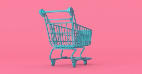 Aufkleber - 4k Resolution Video: Blue Shopping Cart in Duotone Style Seamless Looped Rotating on a pink background