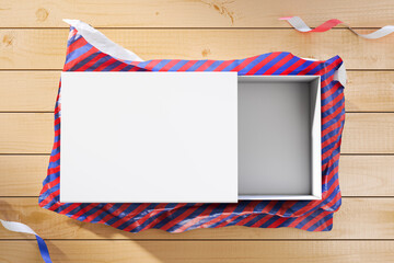 Wall Mural - White blank realistic cardboard box on wrapping paper and wood floor background. Gift concept. Mock up. 3d rendering