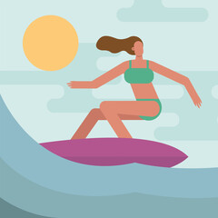 Poster - young woman wearing swimsuit surfing character