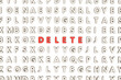 © Berk - 3d rendering of random letters and different words on a white wall. 'DELETE' text is shining on the wall.