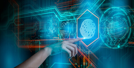 Wall Mural - Fingerprint scan provides security access with biometrics identification.Businessman scan fingerprint biometric identity and approval.Business Technology Safety Internet Concept.