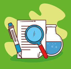 Poster - school icons, magnifying glass, document, pen and tube test