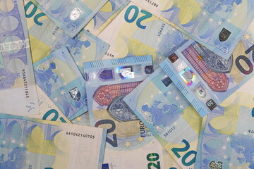 Twenty euro bank notes, bills background and texture