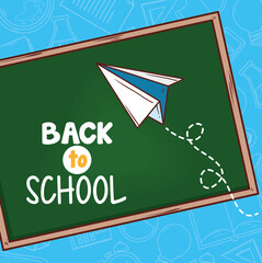 Poster - back to school banner with chalkboard and paper airplane vector illustration design