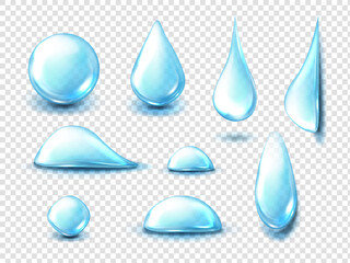Poster - collagen droplets, clear dews of different shapes, dripping and lying hydration liquid blue pure dro