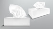 Box with white paper napkins front and angle view. Vector realistic mockup of blank cardboard package with facial tissues or handkerchiefs isolated on gray background
