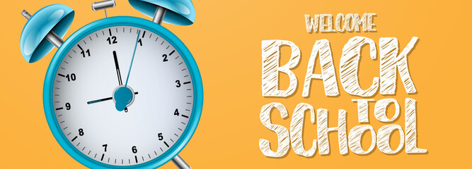 Back to school banner or header. Green chalkboard with wooden frame and lettering, alarm clock. 3d realistic vector illustration.