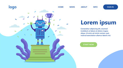 Wall Mural - robot winning golden cup. award, celebration, cyborg flat vector illustration. technology and contes