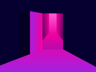 Entering virtual reality. Light from an open door, pink purple gradient. Open door to 80s retro sci-fi virtual reality. Synthwave and retrowave style. Vector illustration