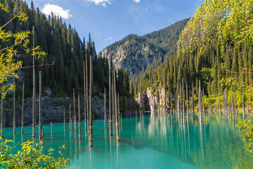 Kaindy Lake in Kazakhstan known also as Birch Tree Lake or Underwater forest, with tree trunks coming out of the water.