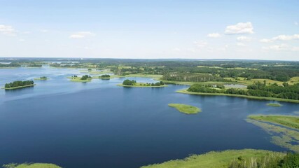 Wall Mural - Drone shot on summer lake. Aerial view of summr landscape lake. 

