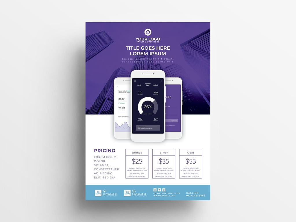 Mobile App Poster Flyer with Three Phone Illustrations Шаблон Stock | Adobe  Stock