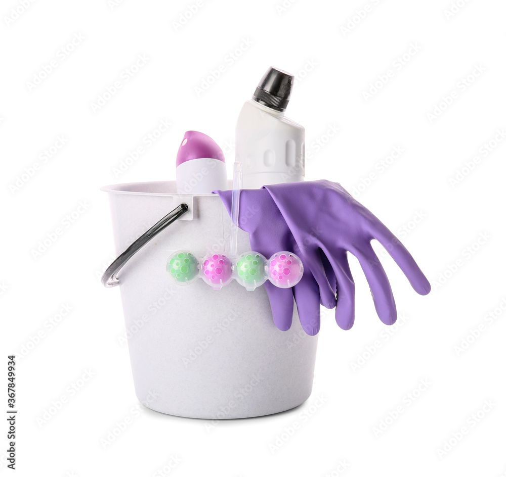 Set of cleaning supplies on white background