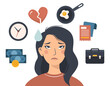 Flat vector illustration of a sad Asian woman who is tired and annoyed. Factors of irritation around. Heartbreak, work, housekeeping and lack of time. Stress and badmood