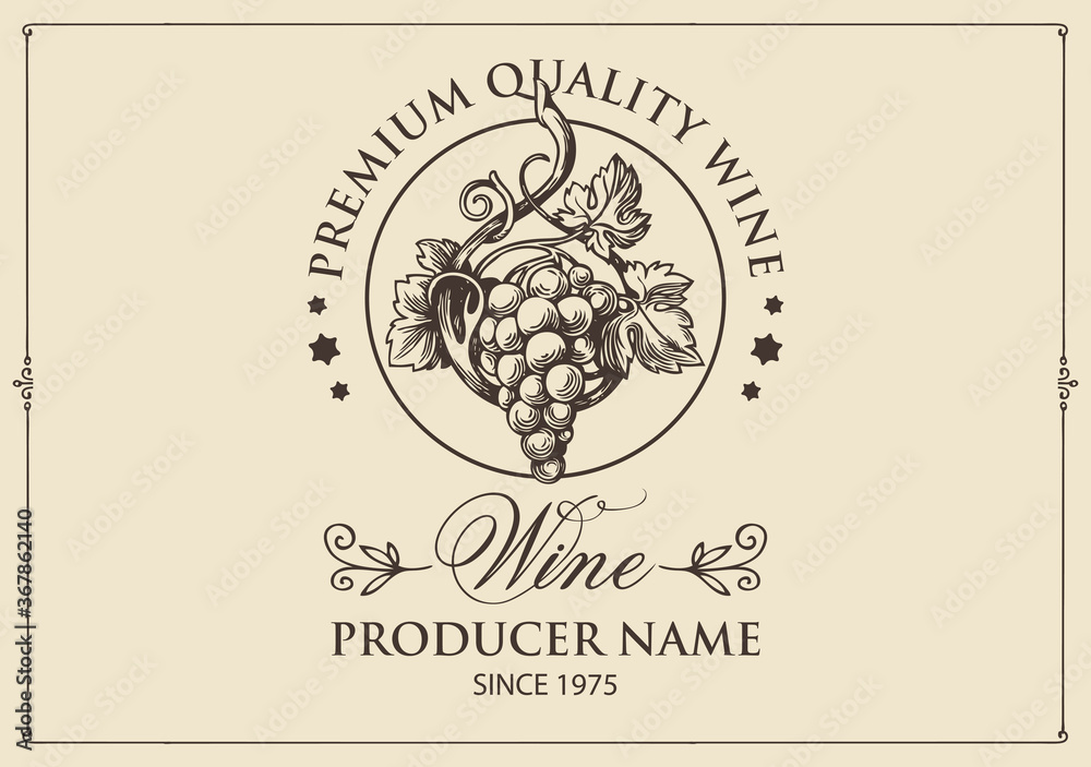 Wine label with a hand-drawn bunch of grapes and calligraphic inscription on a light background. Vector label in retro style for red and white grape wine - obrazy, fototapety, plakaty 