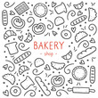 © Polina Tomtosova - Hand drawn set of bakery and baking elements, bread, pastry, croissant, cake, donut. Doodle sketch style. Bakery element drawn by digital pen. Vector illustration for menu, frame, recipe design.